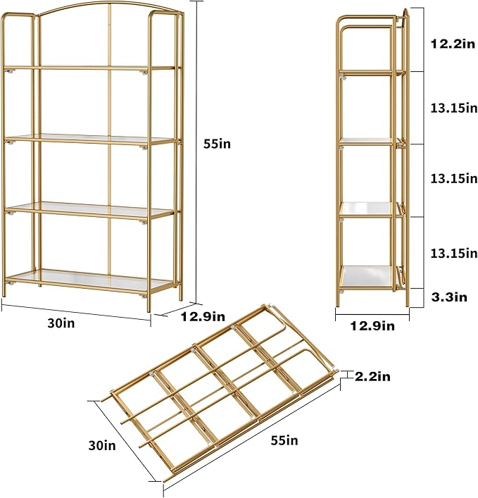 Crofy 4-Tier Wider Foldable Bookshelf, Gold Frame & Transparent Shelves | No-Assembly Collapsible Portable Storage Organizer; Sturdy Transparent Shelves; Ideal for Living Room & Home Office