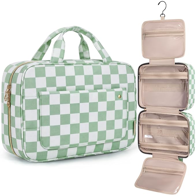 BAGSMART Toiletry Bag Travel Bag with Hanging Hook,Checkered Makeup Cosmetic Bag Travel Organizer for Accessories, Shampoo, Full-size Container, Toiletries (Green Checkerboard, Medium)