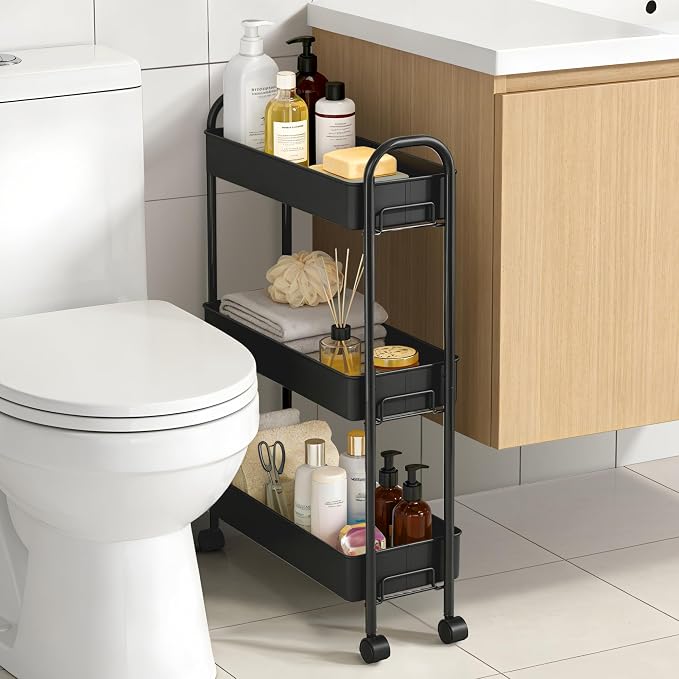 Slim Rolling Cart, Metal Frame Utility Rolling 3-Tier Narrow Storage Cart with Handle Kitchen Storage Organizer, Mobile Shelving Unit for Bathroom Kitchen