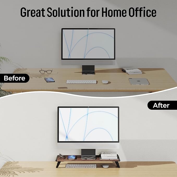 loukin Monitor Stand Riser for Desk, 22.4" × 8.2" Computer Stand, Brown | Supports 22 lb, No Installation Required, Water-Resistant Surface, Fits Laptops and Printers, Ergonomic Design