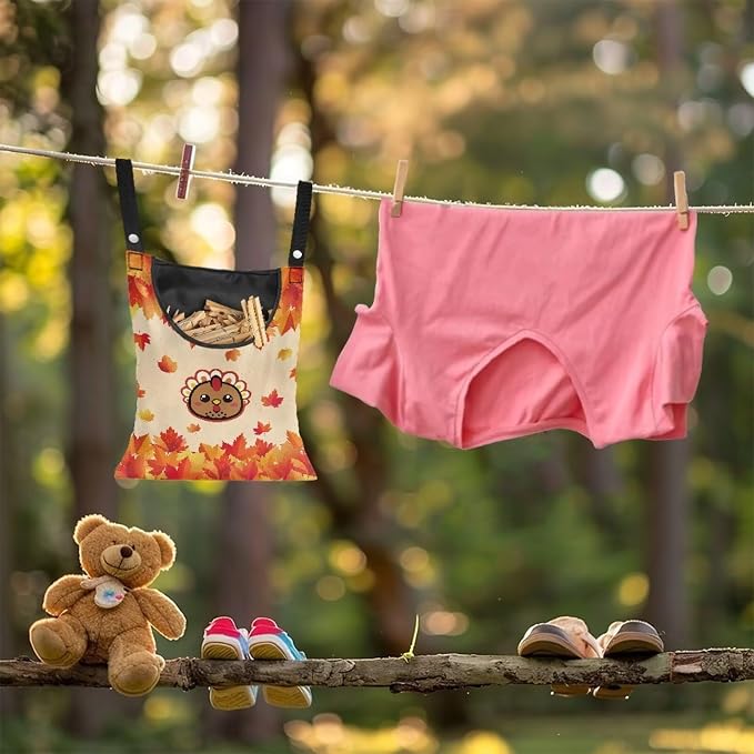 Turkey Clothespin Storage Moon Hanger Bags Maple Leaf Laundry Clothespin Bag with a Large Opening, Waterproof Hanging Storage Organizer with Hanging Rope for Home Outdoor