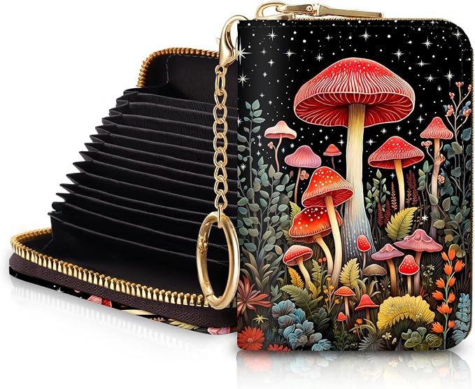 Blusabaca RFID Credit Card Holder Small Women Travel Wallet, Cute Mushrooms | Removable Keychain, Case with Zipper, Vegan PU Leather, Cash Coin Pocket, Business Accordion Purse, Ladies Female Gift