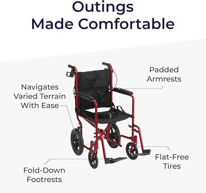 Drive Medical Lightweight Expedition Folding Transport Wheelchair - Ultra Lightweight Mobility Support for Seniors & Adults - Strong Aluminum Frame - Hand Brakes - Compact Folding Travel Chair - Red