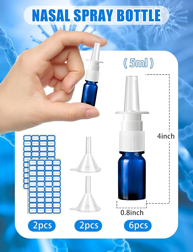 10 Pcs Nasal Spray Bottle, 5ML/0.17OZ 6 Pcs Blue Fine Mist Glass Empty Refillable Nasal Spray Bottle with 2 Funnels and 2 Labels