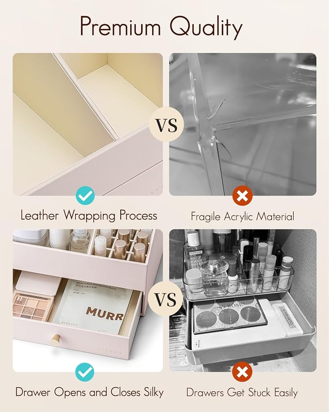 VLANDO Makeup Organizer,Vanity Organizer with Drawers, PU Leather Skincare Organizer Perfume Organizer,Large Cosmetic Display Case for Lipstick,Brushes Gifts for Women-Apricot White