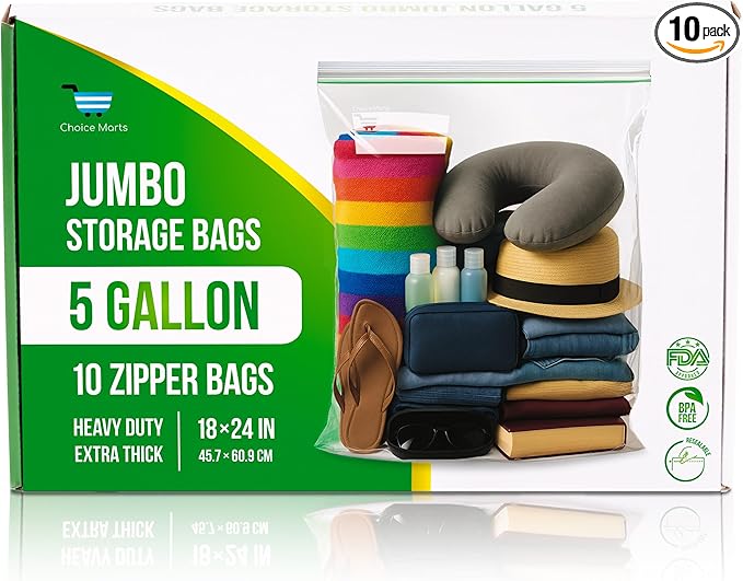 5 Gallon Storage Bags - 10 Count, Extra Strong And Super Durable, 2 Mil Thick, Leak-Proof Unique Zipper, Extra Large Storage Bags for Home & Travel