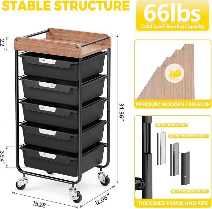 SYKIARIOL Utility Cart with 5 Labeling Drawers and Wooden Tabletop – Rolling Storage Cart for Crafters, Artists, Kids, Teachers, and Students – Organize Arts, Crafts, Sewing & Study Supplies