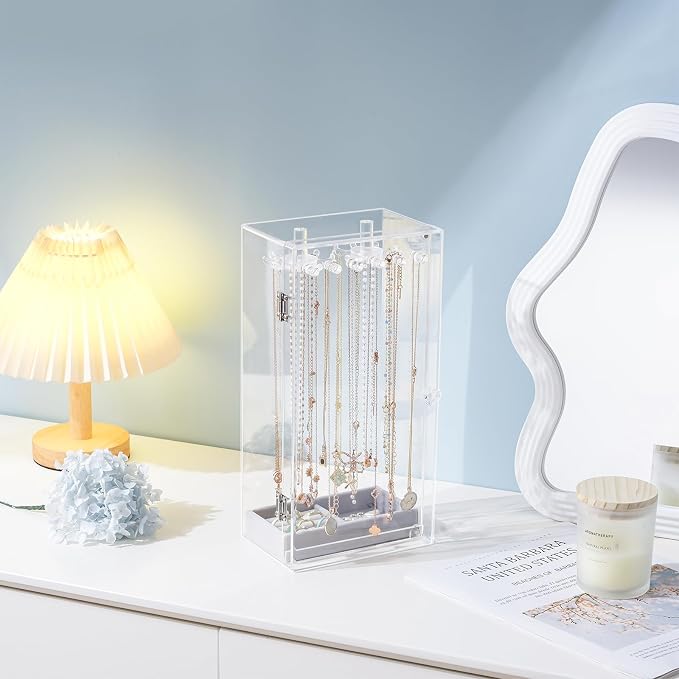 Lolalet Necklace Holder Organizer, Acrylic Jewelry Organizer with 24 Hooks, Rotating Clear Necklaces Display Box, Dust-proof Jewelry Storage Case with Velvet Tray -Clear