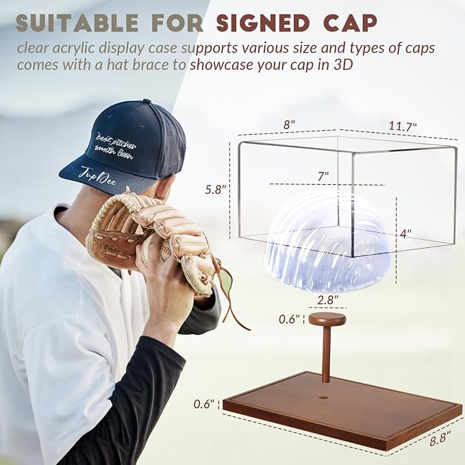 JupDec Hat Display Case, Clear Acrylic Baseball Cap Display Box Stand, UV Protection Signed Hat Transparent Showcase with Solid Wood Base Risers & Hat Shaper, Ideal Gift for Caps Collector