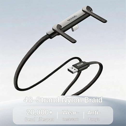 Invisible Holder Charger Cable, 65W PD Fast Charging Cable for Desk, USB-A & Type-C to Cable 4.9 FT with 360° Adjustable Metal Stand, 2 in 1 Holder Charger for Gaming, Office, Home