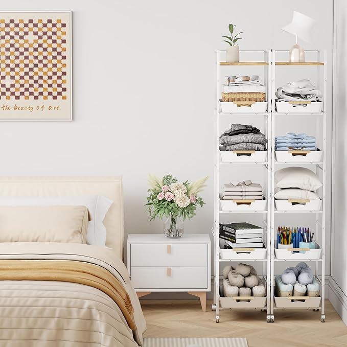 6-Tier Slim Rolling Storage Cart with Wheels, Metal Organizer Tall Rolling Cart, Wood Top Narrow Mobile Utility Cart with Pull-Out Baskets for Kitchen, Bathroom, Laundry Room, 13in(W) White