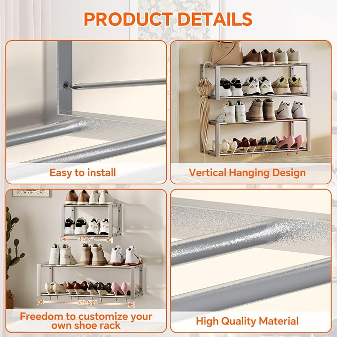 Homeiju Hanging Shoe Organizer,2 Pack Wall Mounted Shoe Rack Holds 12 Pairs,Space Saving Metal Wall Shoe Rack,Hanging Shoe Rack Shoe Holder for Small Space,Entryway,Closet,RV,Camper (Silver)