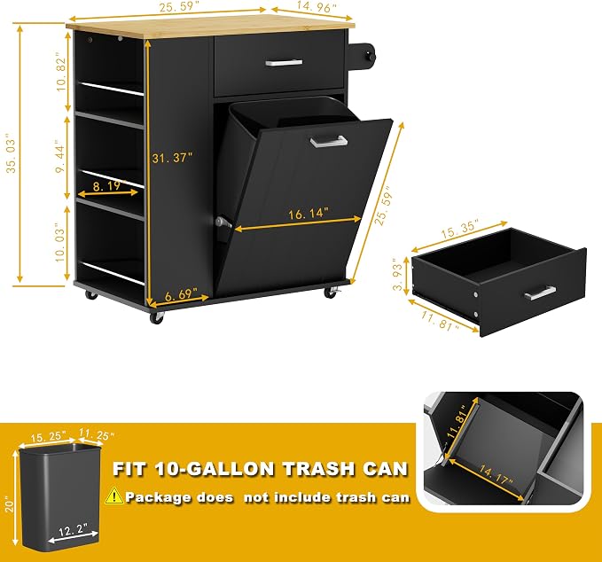 HQZX Rolling Kitchen Island with Trash Can Storage, Portable Kitchen Island on Wheels with Towel Rack & Spice Rack, Tilt Out Trash Can Cabinet with Drawer, Mobile Island Cart (Black)