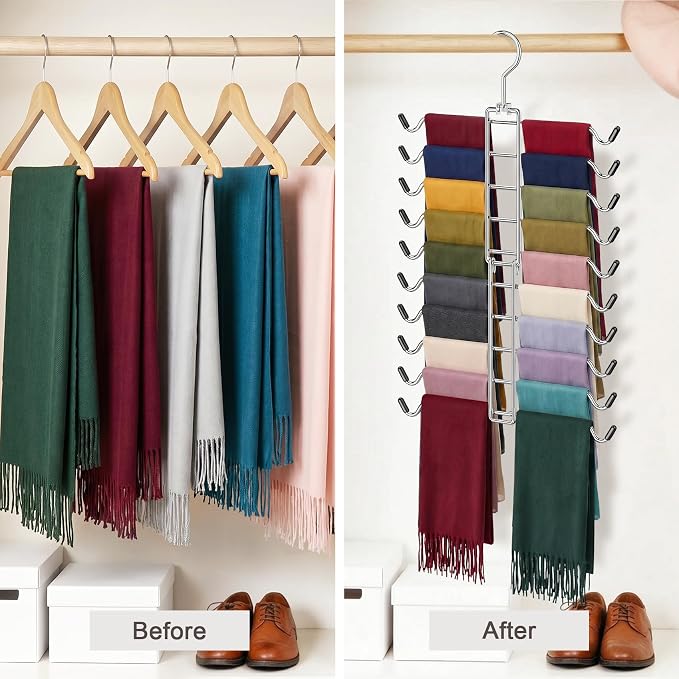 10 Tiers Scarf Organizer for Closet, 360° Swivel Scarf Hanger Hijab Holder Organizer Holds 30 Scarves Ties, Space Saving Hanger Closet Organizers and Storage for Shawl Belt Bra Tie Legging, Silver