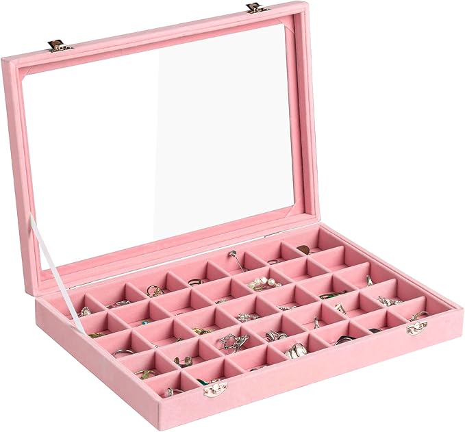 Frebeauty 35 Grid Earring Organizer,Velvet Jewelry Tray with Clear Lid | Drawer Jewelry Organizer for Rings Studs Beads,Adjustable Dividers,Dustproof Design,Earring Storage,Trinket Box,13.8×9.5Inch