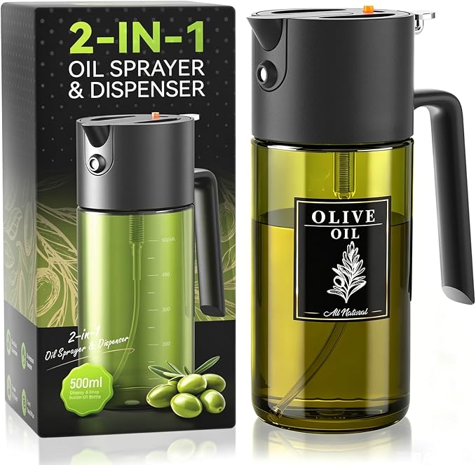 Gelibo 2-IN-1 Oil Sprayer for Cooking, 500ML Light-Blocking Glass Oil Dispenser for Kitchen, Olive Oil Spray Bottle with Leak-Proof,Cooking Spray with Portion Control for BBQ, Air Fryer, Salad - Black