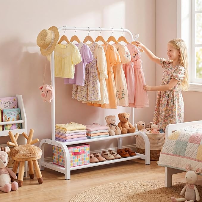 Kids Clothes Rack for Ages 3-6, Montessori Kids Clothing Rack, White | Kids Dress Up Rack with 2 Fabric Storage Shelves & Side Hooks, Toddler Wardrobe Rack for Costumes, Princess Dresses and Shoes