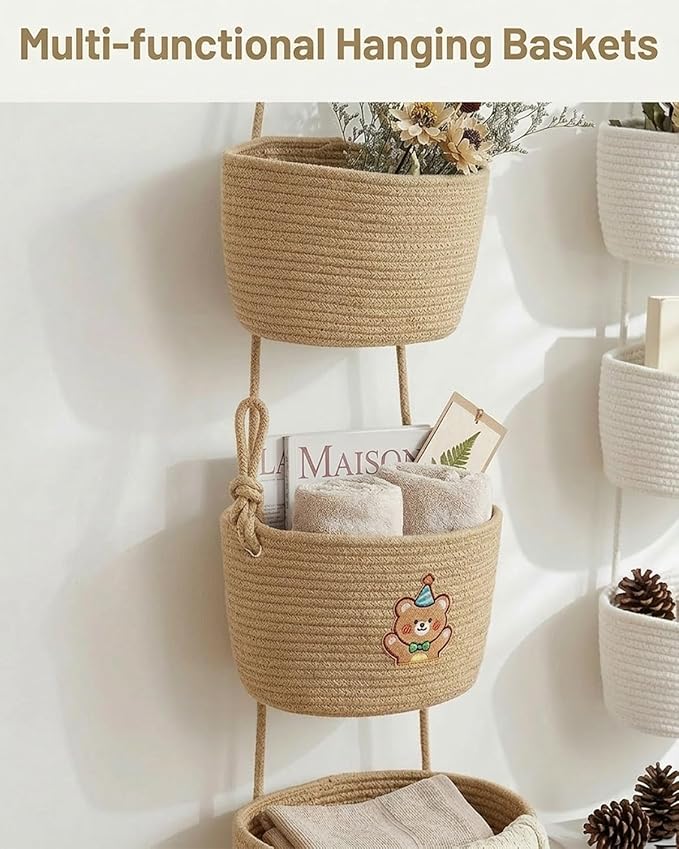 Over the Door Hanging Basket 3 Tier Woven Cotton Wall Mounted Storage Bag Boho Cottage Jute Baskets Kitchen Produce Organizer Vegetable Hang Wicker Closet Bathroom Decor Organizing Shelf(White)