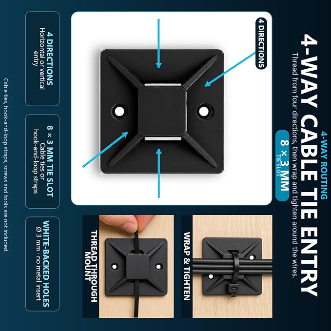1" Adhesive Cable Tie Mounts – Strong Sticky Back Nylon Wire Holders for Cable Management in Home, Office, Car & Christmas Lights (BLACK-500)