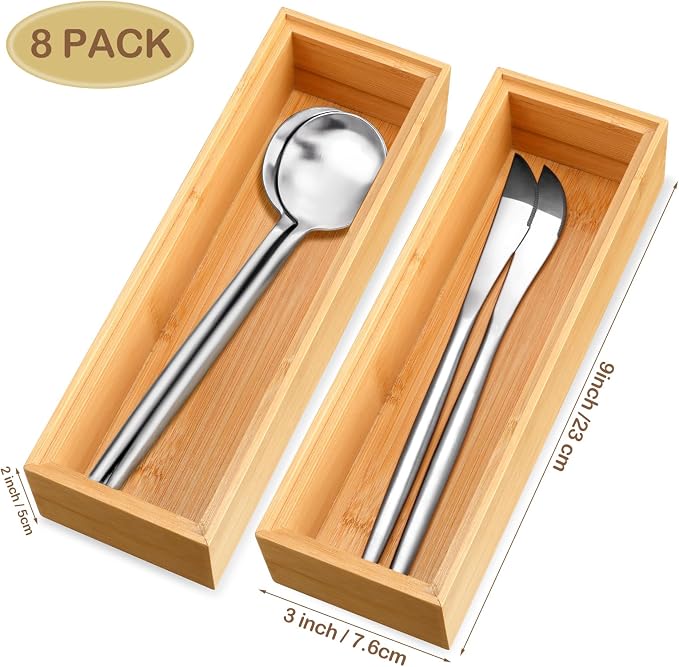 Kigley 8 Pcs Kitchen Bamboo Drawer Organizer Utensil Wooden Silverware Drawer Organizer Utensil Bamboo Storage Box Cutlery Holder Flatware Containers for Kitchen, Bathroom(9 x 3 x 2 Inch,Wood)