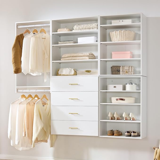 76.5" Closet System, White MDF Walk-In Closet Organizer with Double Hanging Rods, 3 Shelf Towers, 4 Drawers, Wall-Mounted Wardrobe Storage for Bedroom, Dressing Room and Laundry Room