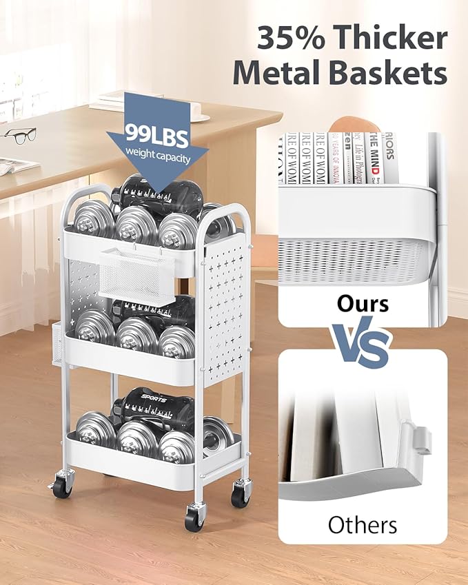 ALVOROG 3 Tier Metal Rolling Utility Cart with Pegboards,Baskets,Hook,White | More Storage Craft Cart with Pegboards,Lockable Wheels,Hooks & Baskets to Organize Kitchen,Office,Bedroom and DIY Supplies