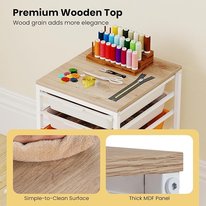GOFLAME 6-Drawer Rolling Storage Cart, Craft Storage Cart with Wooden Tabletop and Lockable Wheels, Art Cart Supply Storage Organizer with Metal Frame for Home Office Classroom, Macaron Color