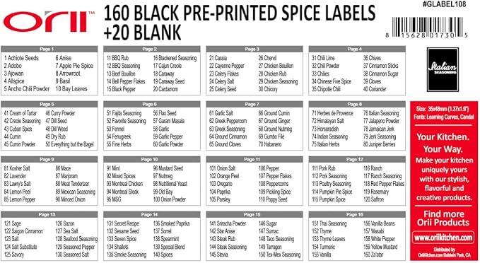 Orii Black Rectangular 160 Spice Labels Stickers for Spice Jars | 160 Pre-Printed Labels, 20 Blank Labels, For Kitchen Pantry, Herb Seasoning Labels