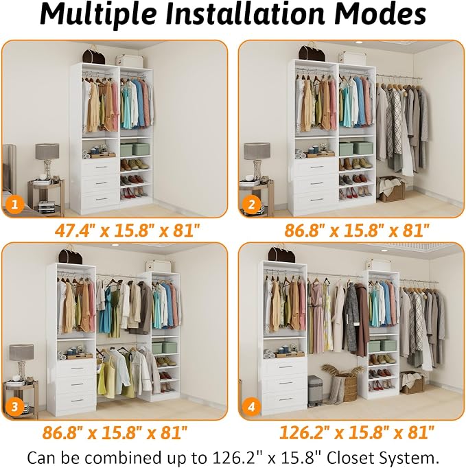Vomavex Closet System with Drawers of 2 Sets, 4FT-10FT Walk in Closet Organizers and Storage with Hanging Rods & Adjustable Shelves, Free-Standing Modular Closet Systems, White