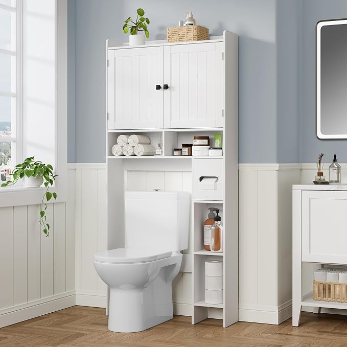 RRX Over The Toilet Storage Cabinet, Bathroom Above Organizer (Milky White) | Free Standing Toilet Rack with Adjustable Shelf and Open Storage, Double Doors, Space Saver, 30.7" L x 7.87 "W x 65.7 "H