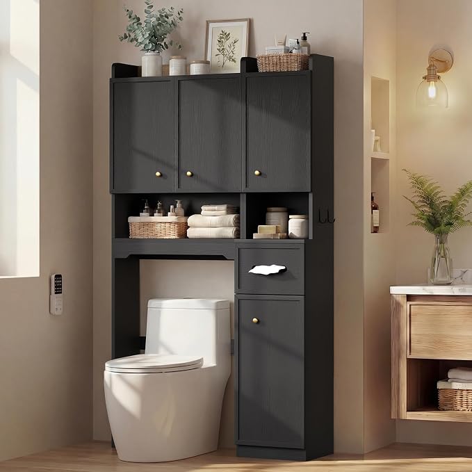 7-Tier Over Toilet Storage Cabinet, 2-in-1, Separable Bathroom Storage | Over-Toilet and Tall Narrow Cabinet, with Doors, Adjustable Shelf, Big/Small Room, Laundry, Tissue Holder, Anti-Tip