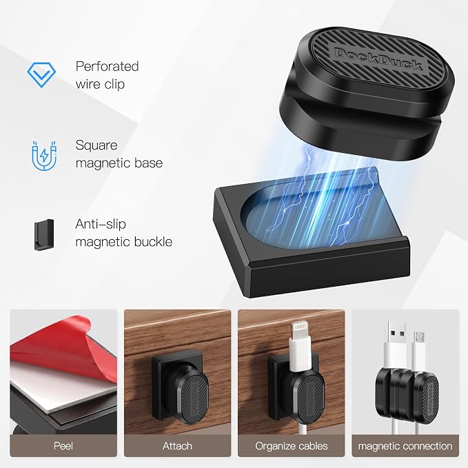 6-Pack Magnetic Cable Clips with Detachable Magnetic Base, Auto Dock Cable Organizer, Self-Adhesive Cord Holder for Round & Flat Cables, One-Hand Cable Management for Desk, Car, Office
