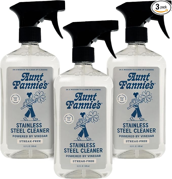 Aunt Fannie's Stainless Steel Spray Cleaner, Powered by Vinegar, Fingerprint and Residue Remover for Refrigerator, Dishwasher, Oven, Grill, Sink, Stovetop, and Other Appliances, Pack of 3