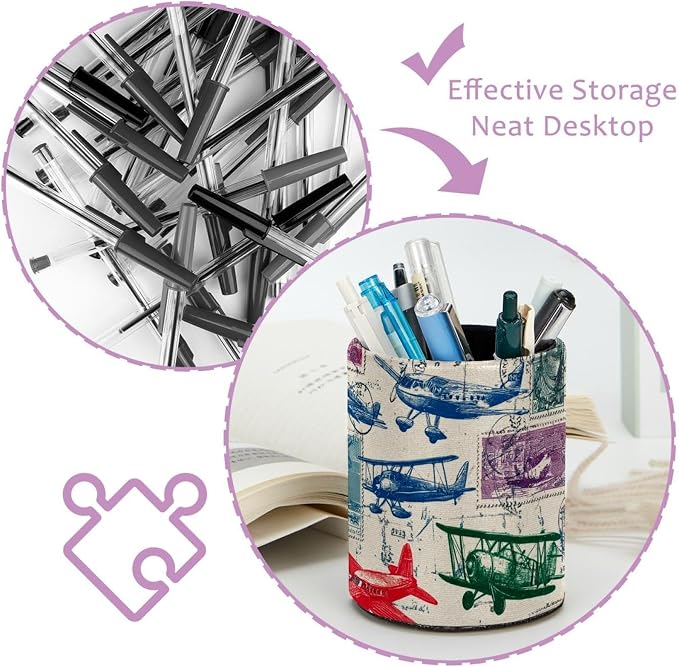 Leather Pen Holder for Desk, Airplane Retro Stamps Pencil Cup Pen Organizer Makeup Brush Holder for Office Home Kids Countertop Desk Accessory Storage