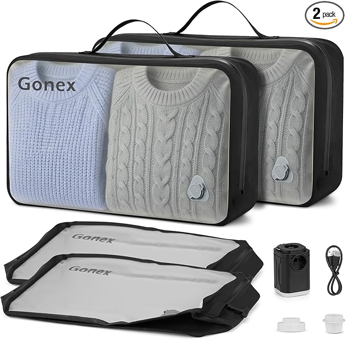 Gonex Vacuum Travel Bags with Pump, Reusable, 2-Pack | Transparent Window, Waterproof TPU, Wide Opening, Built-in Handle, Airtight Valve, Carry-on Compatible