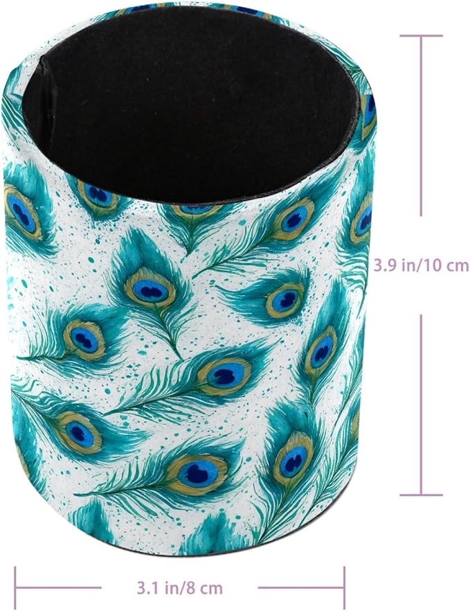 Leather Pen Holder for Desk, Peacock Feather Pencil Cup Pen Organizer Makeup Brush Holder for Office Home Kids Countertop Desk Accessory Storage