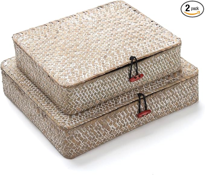 Seagrass Storage Baskets with Lids, Flat Wicker Basket, Shallow Woven Basket for Shelf, Decorative Storage Boxes for Organizing (Whitewash)