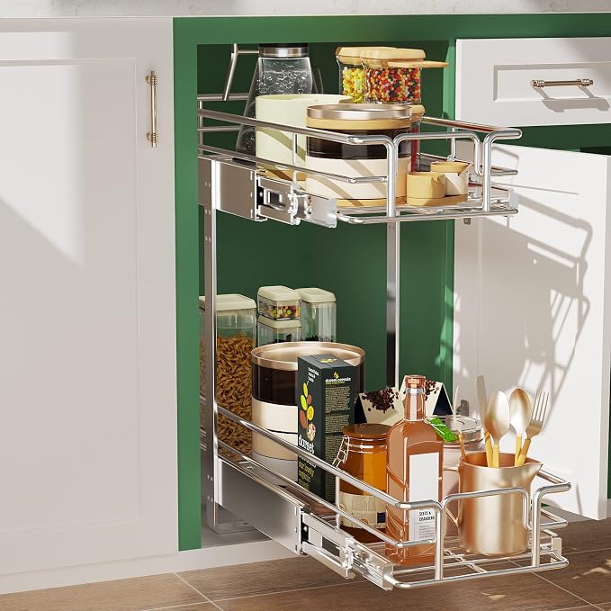 LOVMOR 2 Tier Individual Pull Out Cabinet Organizer 7.5" W x 21.5" D, Slide Out Kitchen Cabinet Storage Sliding Shelves