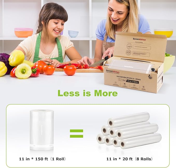 Bonsenkitchen 11"x150' Vacuum Sealer Bags with Cutter for Food Storage | Commercial Grade, Meal Prep and Sous Vide Cooking, Puncture Resistant Heavy Duty Design, BPA Free Food Grade Safe Material