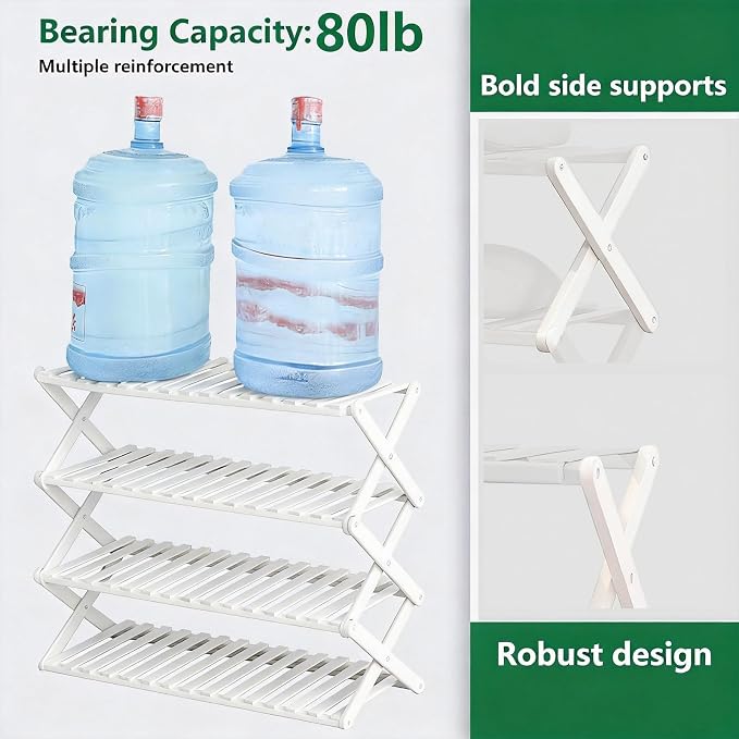 5 Tier Bamboo Shoe Rack White,Portable Folding Shoe Storage Rack,Without Installation Small Shoe Rack Perfect for Corridors, Drom, Bedrooms and Small Spaces