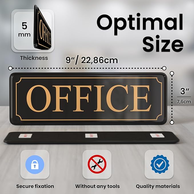 The Office Door Sign for Your Home and Business with Bigger Gold Letters - Bright Acrylic Self-Adhesive Sign 9×3 in with Double Sided 3M Tape - Quick and Easy Installation Without Any Tools