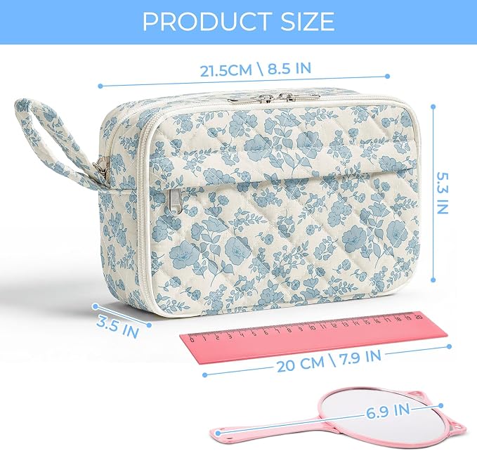 WOBAGMEN Quilted Pencil Pouch for Girls Women, Large Pencil Case Pouch with Compartments Cute Aesthetic Pencil Case Organizer, Floral Pencil Bag for School Supplies (blue floral)
