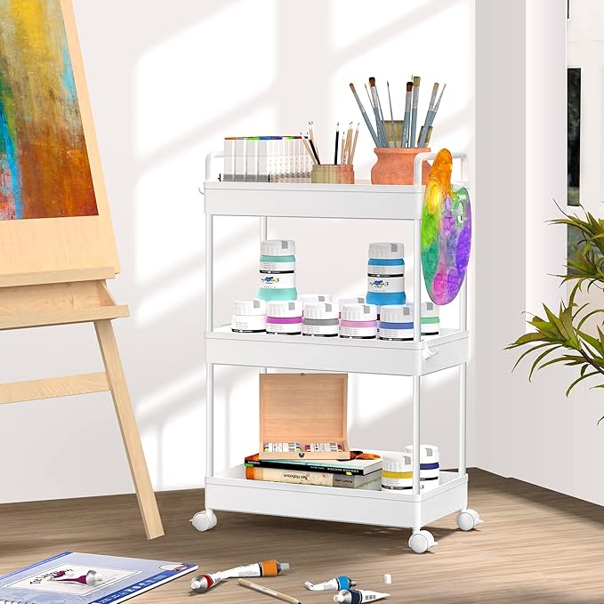 SOLEJAZZ 3 Tier Slim Rolling Storage Cart Organizer with Wheels, White | Utility cart for bathroom, laundry, bedside, dorm&narrow spaces. Fits craft, nail, makeup, snack, art, diaper&baby essentials