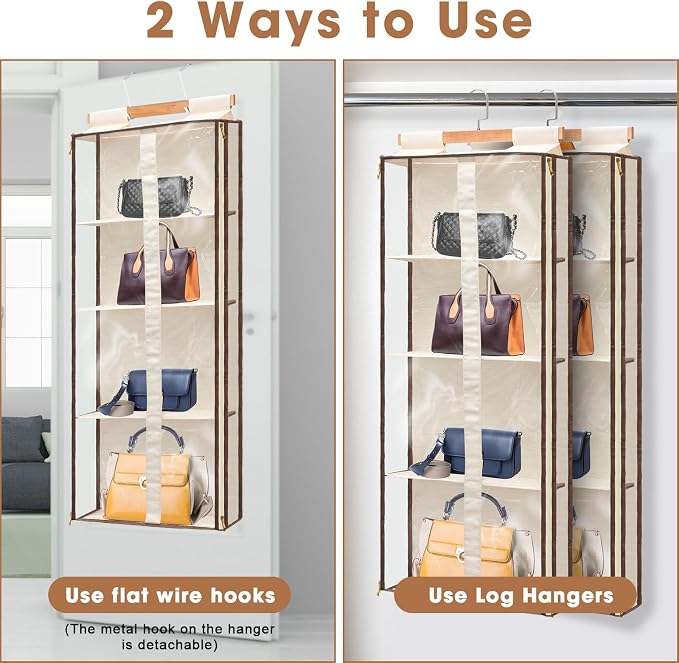 Silkfly 2 Pack Hanging Purse Organizer for Closet Clear Handbag Storage Hanger with Zipper Holder over The Door Wardrobe Tote Bag Storage Holder for Bedrooms Living Room