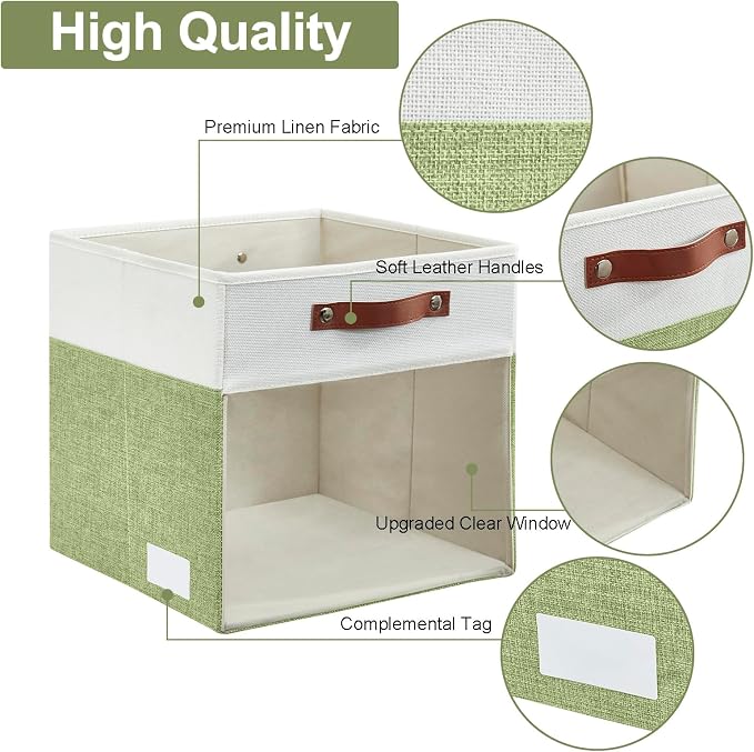 Bagnizer Storage Cubes, 4 Pack Linen Foldable Storage Bins with Clear Window and 2 Handles, 13x15x13 for Shelf Closet, Kallax, Clothes, Books - Green/Off-White