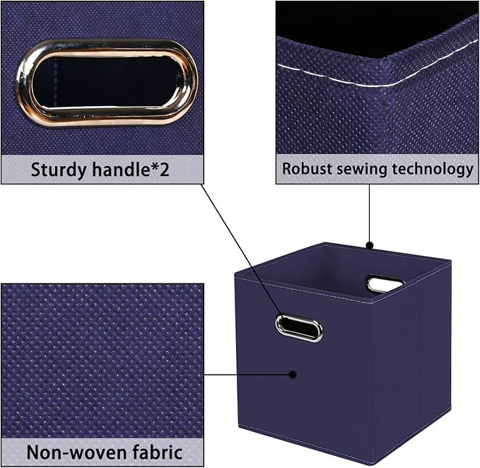 Navy Blue Fabric Storage Bins, 11x11x11, Set of 6, Foldable Cube Bins for Cloth or Accessory Storage