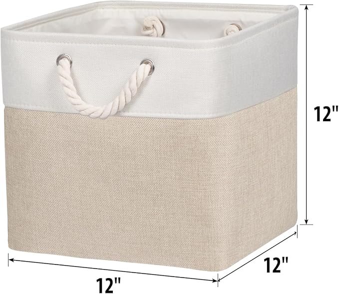 Univivi Fabric Storage Cubes with Rope Handles, White Beige, 4 Pack | 12x12 Inch Hard Bottom Cube Storage Bins, Foldable Cube Storage Organizer for Home Closet Shelf