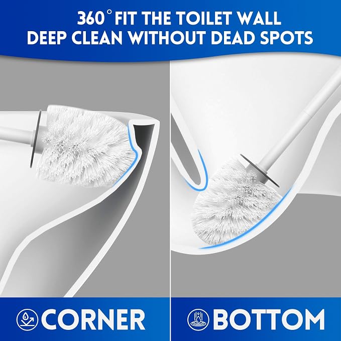 Y-in Hand Toilet Bowl Brush and Holder Set, Compact Toilet Scrubber Brush for RV and Bathroom Cleaning, Durable Classic 360°PP Bristle, Drip-Proof, Wall Mountable.（White）