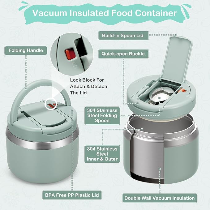 MAXSO 14oz Vacuum Insulated Food Jar with Spoon Buckle Lid, Kids Soup Thermo for Hot Food Wide Mouth Leakproof Stainless Steel Lunch Container - Green