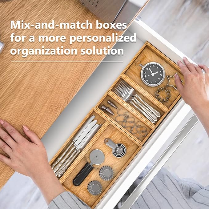 Bamboo Kitchen Drawer Organizer 9"x 3", Wooden Stackable Silverware Tray | Utensil Organizer Cutlery Holder for Kitchen, Wooden Storage Box for Bathroom, Multi-Use Storage Bins Dividers for Office